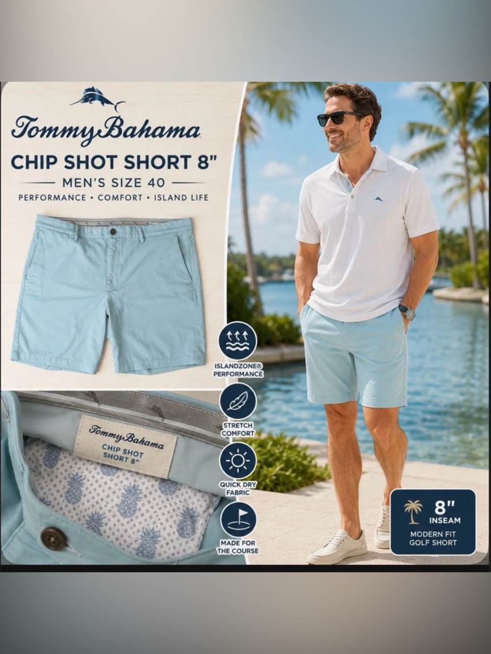 Tommy Bahama Light Blue Chip Shot 8" Men's Golf Shorts